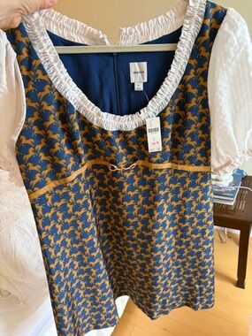 Maeve Navy Dress with Mustard Horse Print and White Trim